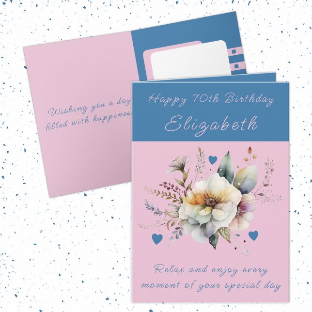Carte Joyeux 70e anniversaire ajouter nom floral bleu (Créateur téléchargé)