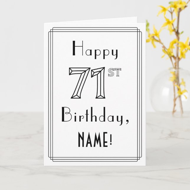 Carte Joyeux 71e Anniversaire, Style Art Déco avec Nom P (Fleur jaune)