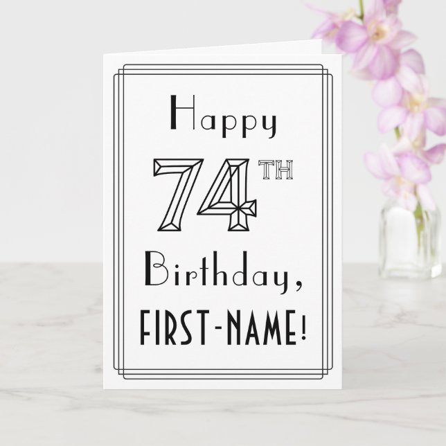 Carte Joyeux 74ème anniversaire, Art Déco Style avec Nom (Orchidée)