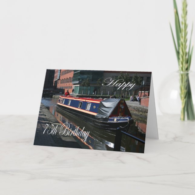 Carte Joyeux 75e anniversaire bateau de canal (Devant)