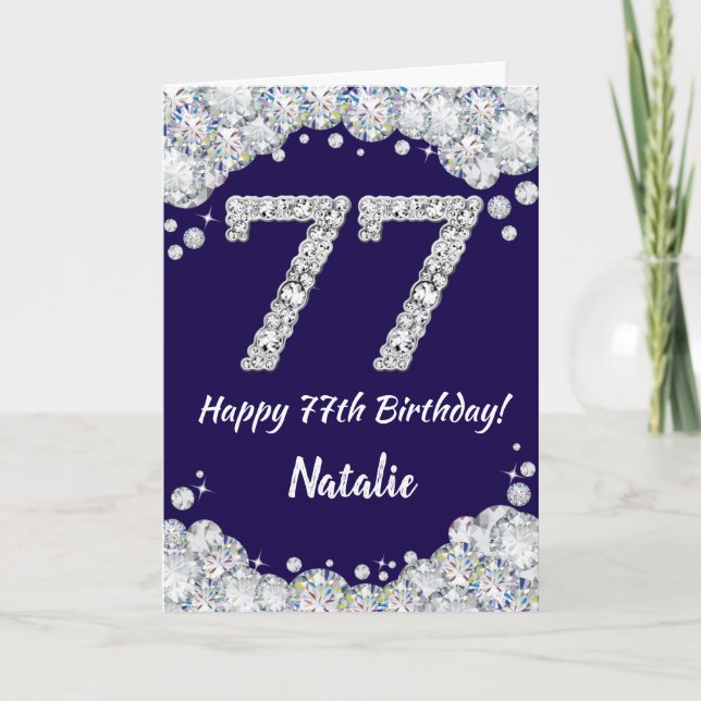 Carte Joyeux 77e anniversaire Marine Bleu et Parties sci (Devant)