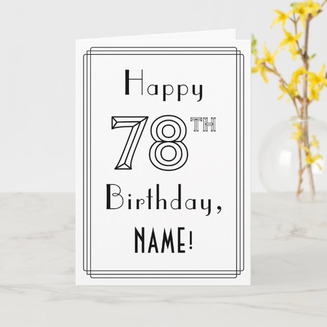 Carte Joyeux 78ème anniversaire, Art Déco Style avec Nom (Fleur jaune)
