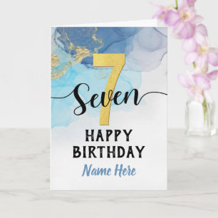 Carte Joyeux 7e anniversaire aquarelle Bleu & or Garçon