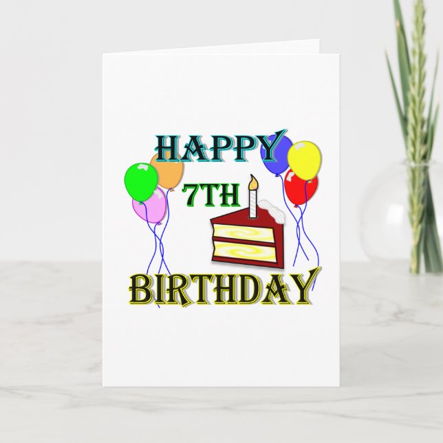 Carte Joyeux 7e anniversaire avec gâteau, ballons et bou (Devant)