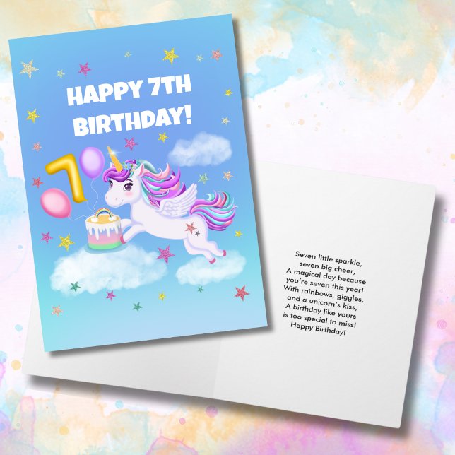Carte Joyeux 7e anniversaire Unicorne avec gâteau d'anni (Créateur téléchargé)