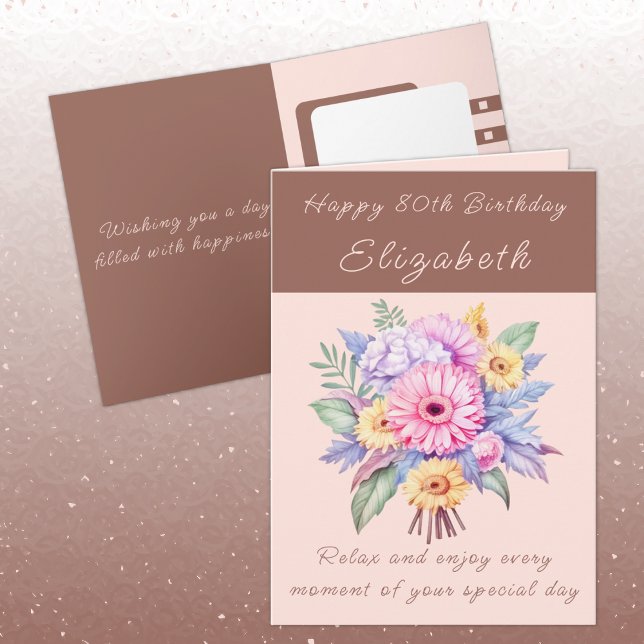Carte Joyeux 80e Anniversaire nom floral marron (Créateur téléchargé)