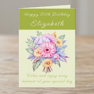 Carte Joyeux 80e Anniversaire nom floral vert