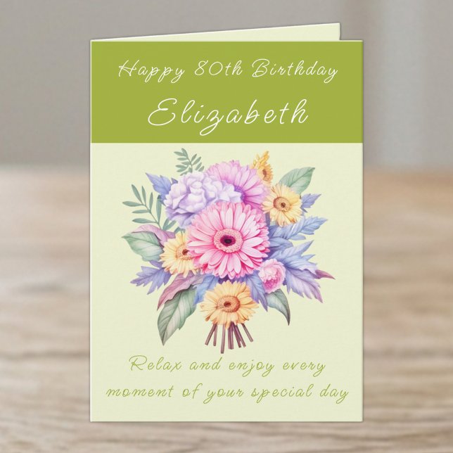 Carte Joyeux 80e Anniversaire nom floral vert (Créateur téléchargé)