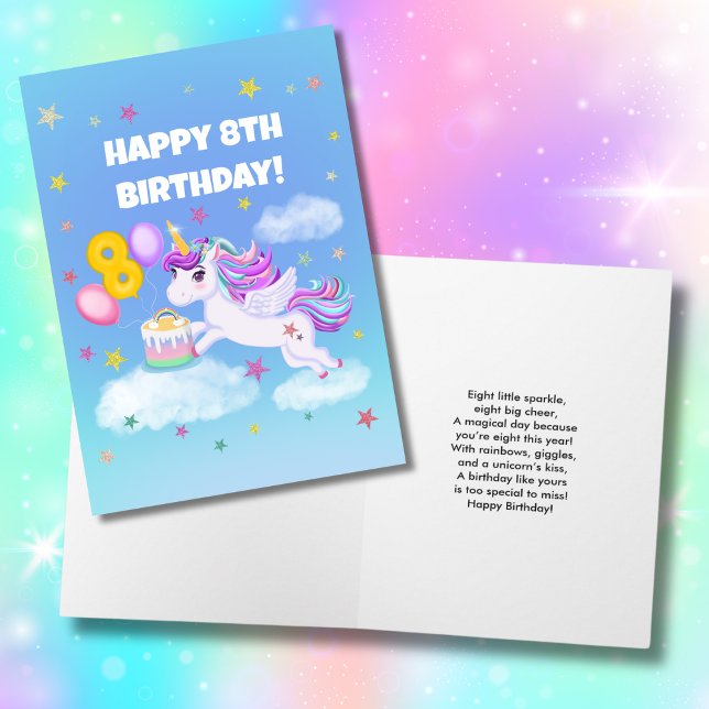 Carte Joyeux 8e anniversaire Licorne avec gâteau d'anniv (Créateur téléchargé)