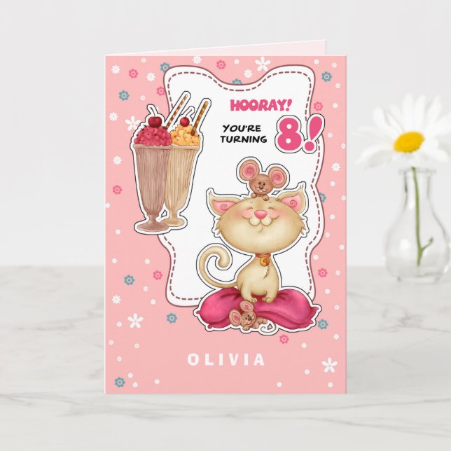 Carte Joyeux 8e anniversaire. Nom personnalisé Fun Kitty (Petite plante)