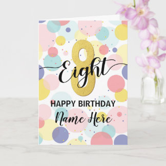 Carte Joyeux 8e anniversaire Pastel Rainbow Gold Girl