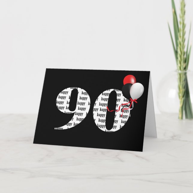 Carte Joyeux 90ème anniversaire en noir avec ballons (Devant)