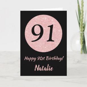 Carte Joyeux 91e anniversaire Noir et Rose Or rose