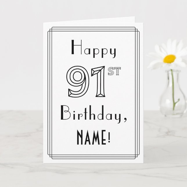 Carte Joyeux 91e anniversaire, style Art déco avec nom p (Petite plante)