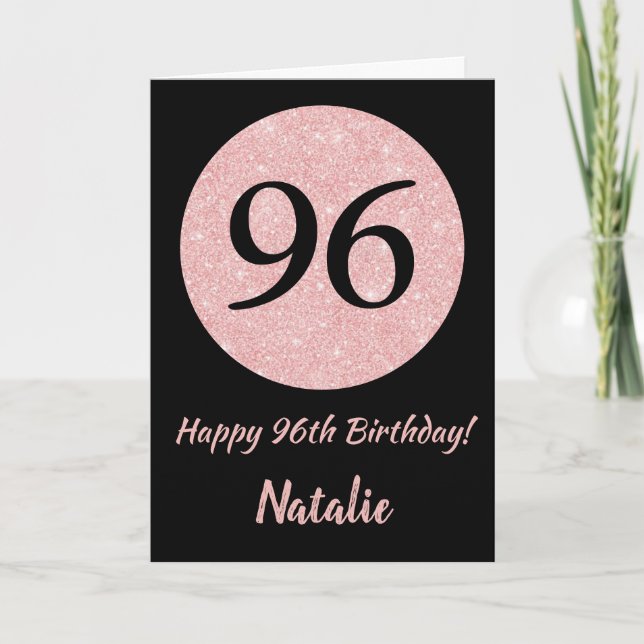 Carte Joyeux 96e anniversaire Noir et Rose Rose Or (Devant)
