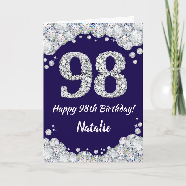 Carte Joyeux 98e Anniversaire Navy Blue et Paillettes Ar (Devant)