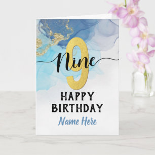 Carte Joyeux 9e Anniversaire Garçon Aquarelle Bleu & Or