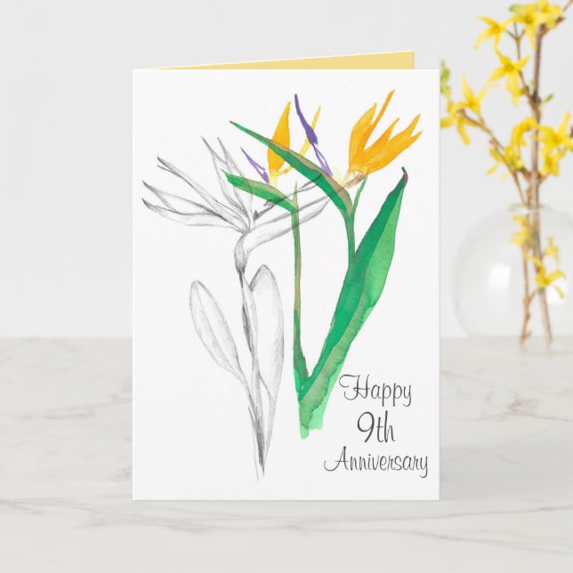 Carte Joyeux 9e anniversaire Mariage Oiseau du paradis (Fleur jaune)