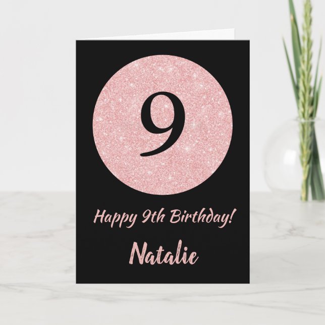 Carte Joyeux 9e anniversaire Noir et Rose Or rose (Devant)