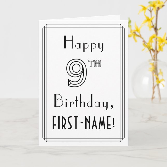 Carte Joyeux 9e anniversaire, style Art déco avec/ Nom p (Fleur jaune)