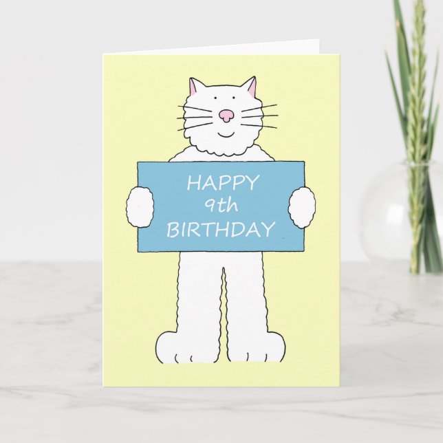 Carte Joyeux 9ème Anniversaire Dessin Animé Chat Blanc (Devant)
