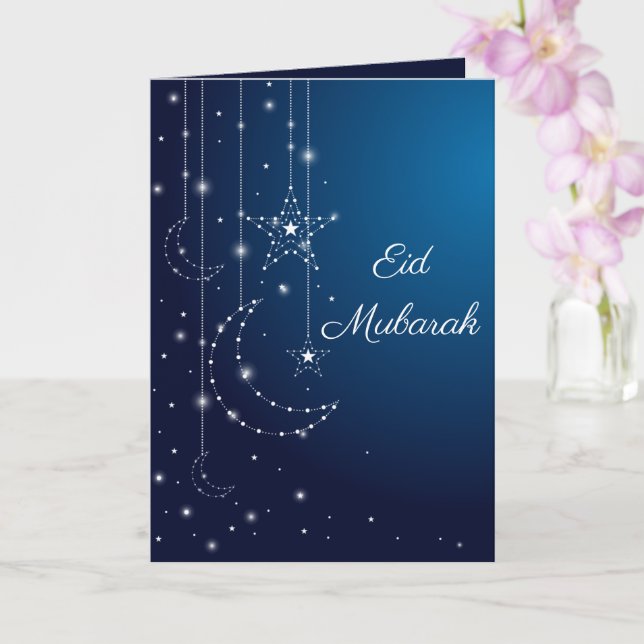 Carte Joyeux Aïd Moubarak scintillant blanc Lune Étoiles (Orchidée)