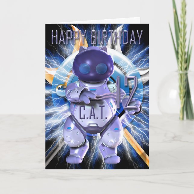Carte Joyeux anniversaire 12ème, chat de robot, techno (Devant)