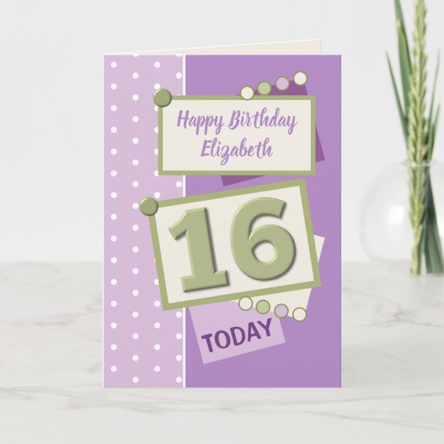 Carte Joyeux anniversaire 16 aujourd'hui violet et vert (Devant)