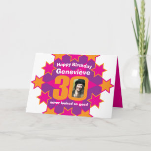 Carte Joyeux anniversaire 30 étoiles roses photo de nom 
