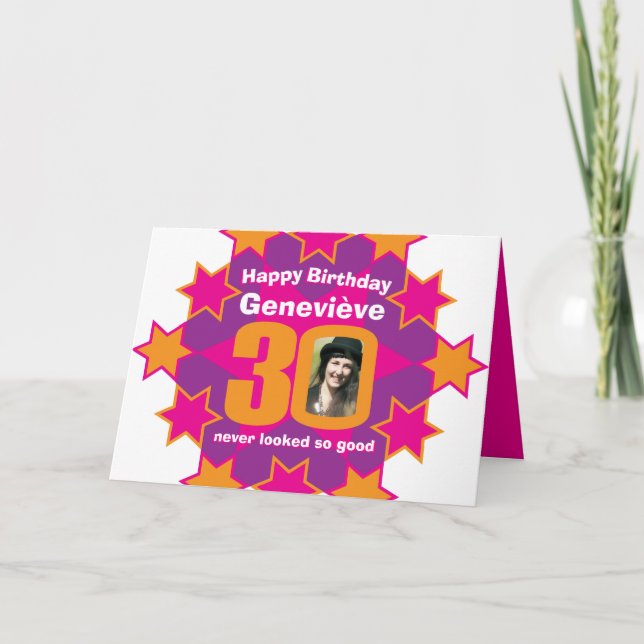 Carte Joyeux anniversaire 30 étoiles roses photo de nom  (Devant)