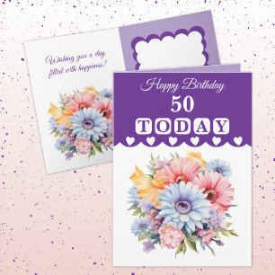 Carte Joyeux anniversaire 50 aujourd'hui fleurs violet