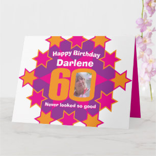 Carte Joyeux anniversaire 60 étoiles roses photo de nom 
