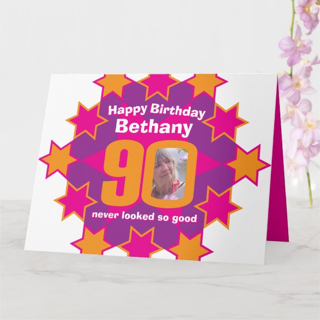Carte Joyeux anniversaire 90 étoiles roses nom personnal (Orchidée)