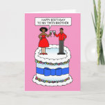 Carte Joyeux anniversaire à African American Twin Brothe<br><div class="desc">Un caricaturiste afro-américain debout sur un gâteau géant. La femme dit à l'homme 'Joyeux anniversaire à mon frère jumeau'.</div>