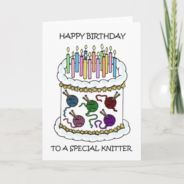 Carte Joyeux anniversaire à Knitter, Cake et Candles. (Devant)