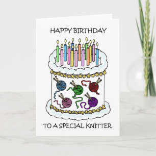 Carte Joyeux anniversaire à Knitter, Cake et Candles.
