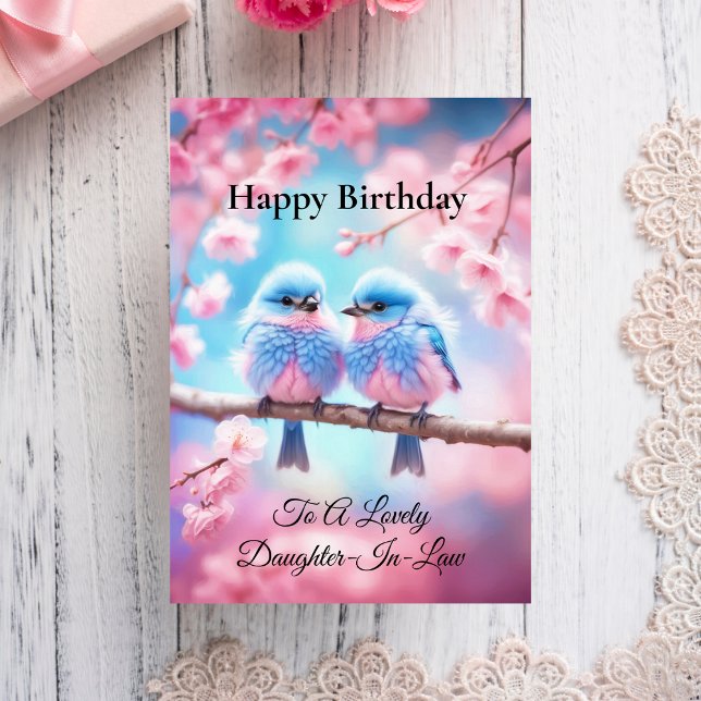 Carte Joyeux Anniversaire à la Gendre Mignonne Oiseaux B (Cherished daughter-in-law, delight in this unique birthday card with fluffy bluebirds.)