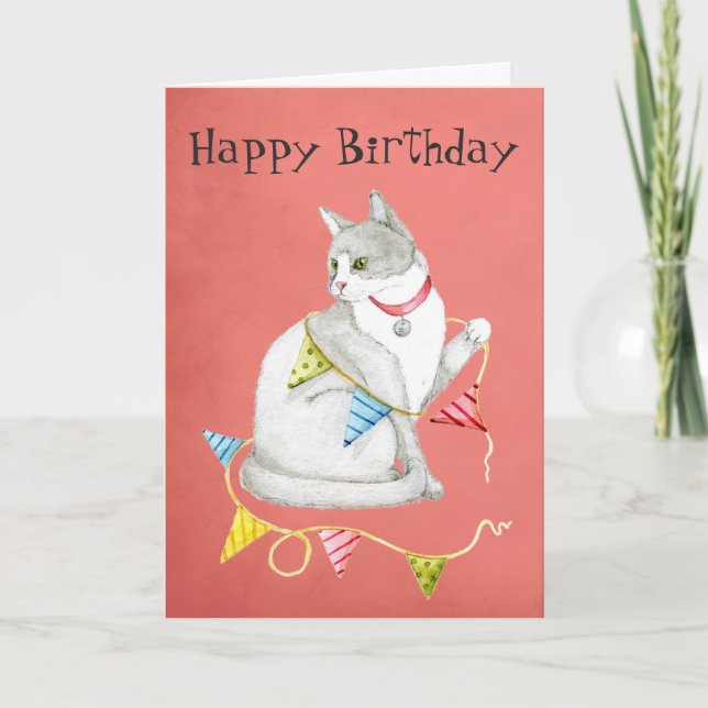 Carte Joyeux anniversaire à Meow | Kitty avec bannière (Devant)