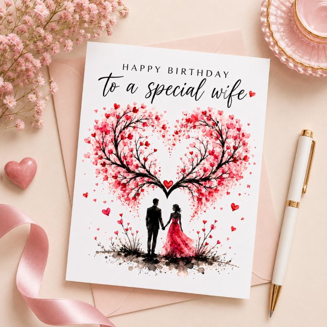 Carte Joyeux Anniversaire À Une Épouse Spéciale (Romantic Birthday Card for Wife – Heart Blossom Tree Love Card)