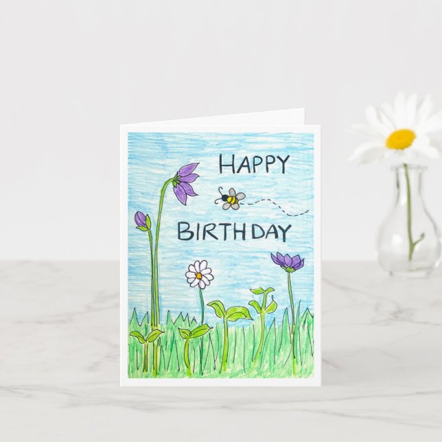 Carte Joyeux anniversaire Abeille & Fleurs (Petite plante)