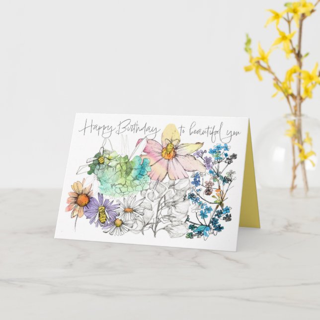 Carte Joyeux Anniversaire Abeilles Fleurs Aquarelle  (Fleur jaune)