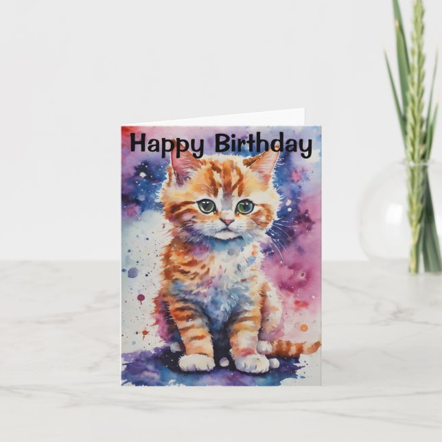 Carte Joyeux Anniversaire Adorable Chaton Roux Aquarelle (Devant)