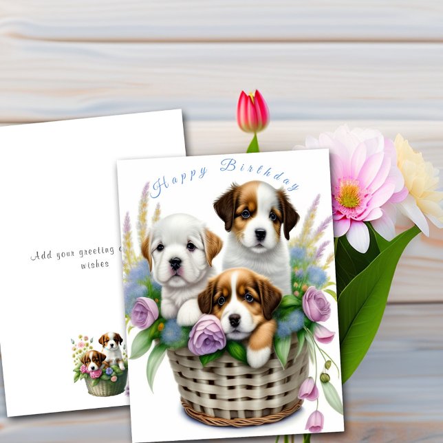 Carte Joyeux Anniversaire Adorables Chiots dans un Panie (Créateur téléchargé)