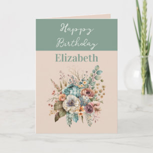 Carte Joyeux anniversaire ajouter nom boho vert floral