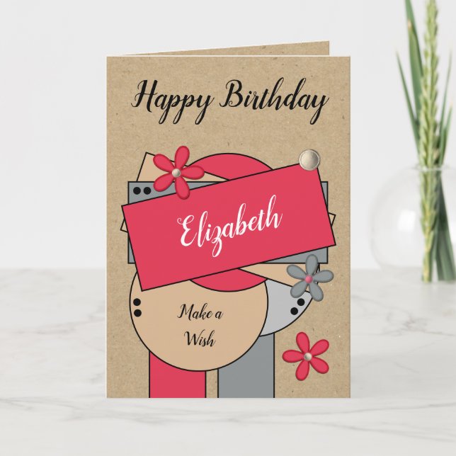 Carte Joyeux anniversaire ajouter nom rouge gris brun ru (Devant)