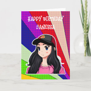Carte Joyeux anniversaire (Ajouter un nom) Anime Girl