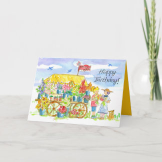 Carte Joyeux Anniversaire amis Panier à fleurs Chien chi