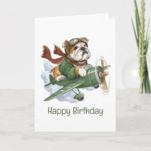 Carte Joyeux anniversaire anglais Bulldog avion-pilote