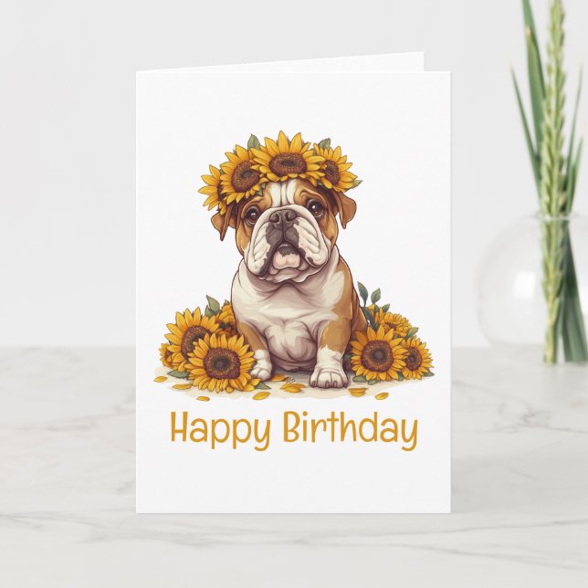 Carte Joyeux anniversaire anglais Bulldog Sunflower Crow (Devant)