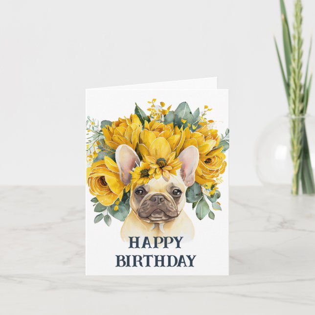 Carte Joyeux anniversaire aquarelle frenchie fleurs jaun (Devant)